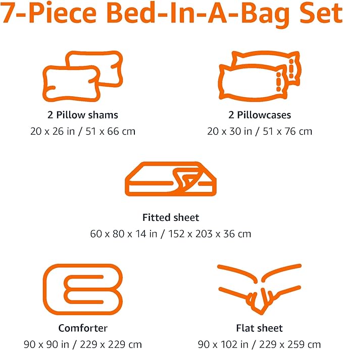Amazon Basics 7-Piece Soft, Easy-Wash Microfiber Kid's Bed-in-a-Bag Bedding Set with Sheet and Comforter, Full/Queen, Blue, Soft Solid