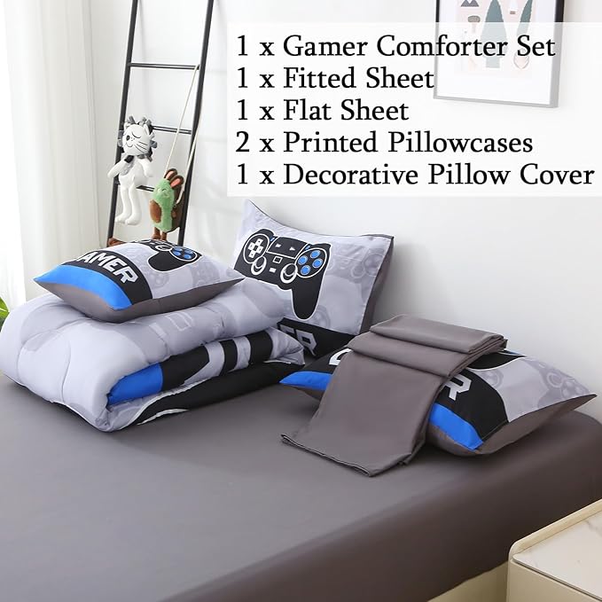 JQinHome Twin Gamer Comforter Sets for Boys,6 Piece Bed in A Bag 3D Video Gamer Bedding -All Season Microfiber Gaming Bedding Set for Kids, with Sheet Sets (Cyber Blue)