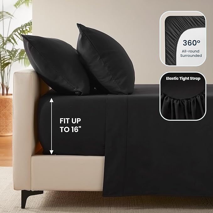 SLEEP ZONE Nanotex Super Soft Cooling Twin Bed Sheets Set for Kids 3 Piece - Easy Care Fitted Flat Sheet & Pillowcase Sets - Wrinkle Free, Fade Resistant, Deep Pocket 16" (Black, Twin)