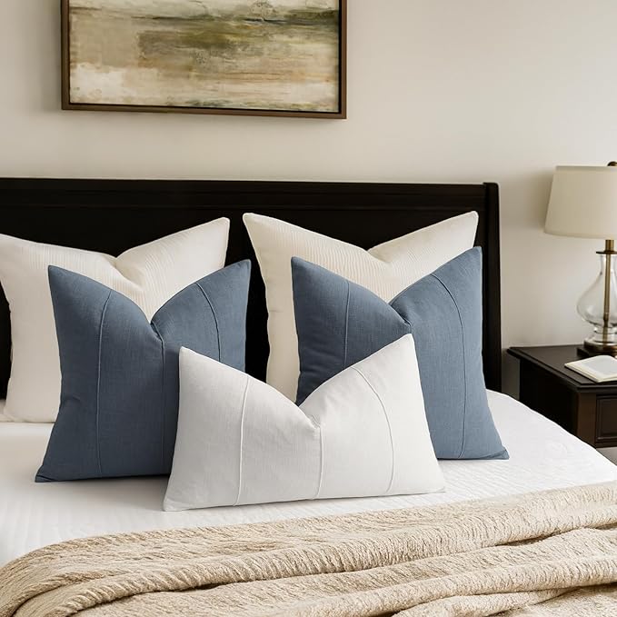 ZWJD Decorative Linen Throw Pillow Covers 24x24 Set of 2 Solid Handcrafted Striped Cushion Covers for Bed Soft Modern Farmhouse Neutral Pillowcase for Couch Bedroom Living Room Home Decor(Slate Blue)