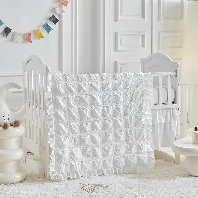 Ruffled Crib Bedding Set Baby Boho Quilted Comforter with Fitted Sheet and Bed Skirt - Cute Soft Breathable Seersucker Ruffled Shabby Chic Bedding Soft Blanket Design - White