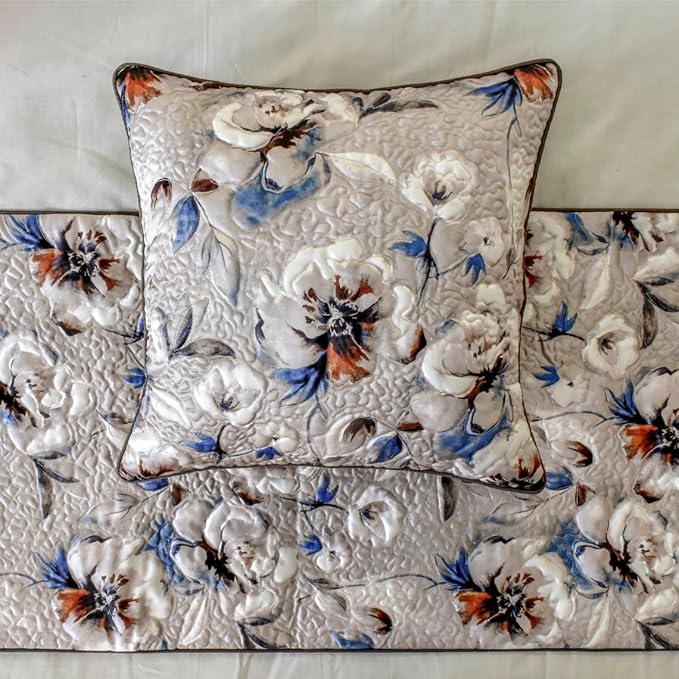 The HomeCentric King/Queen/Twin Ivory Decorative CA King 86"x18" Bed Runner Without Pillow Cover, Floral, Quilted Bed Scarf on Satin Fabric - Floral Harmony