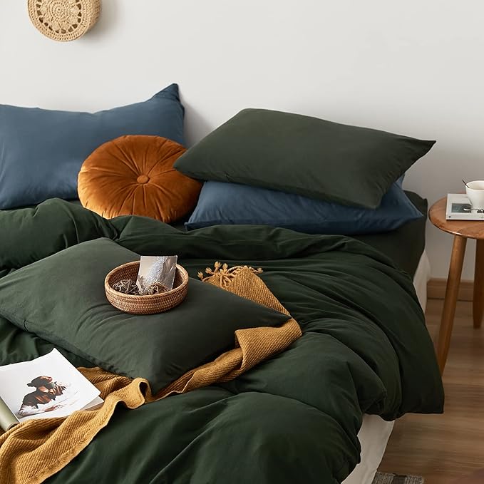 LifeTB Olive Green Duvet Cover Twin Size 3 Pieces Jersey Knit Cotton Bedding Duvet Cover Minimalist Dark Green Comforter Cover with Zipper Closure Breathable Soft Solid Color Bedding Set Twin