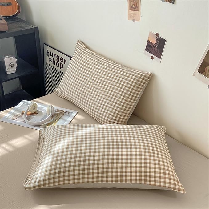 Nayoroom Gingham Duvet Cover Full Size Brown Tan Plaid Checkered Comforter Cover 3 Pieces Soft Lightweight Washed Microfiber Farmhouse Grid Dorm Bedding Set with Pillowcases