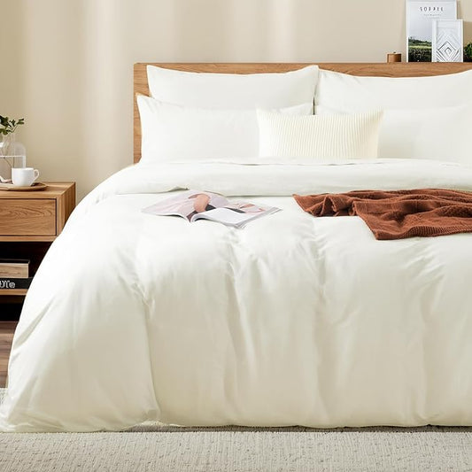 NEXHOME PRO Queen Duvet Cover Set, 100% Washed Cotton with Linen-Like Texture, Natural Organic, Breathable & Comfortable, Includes Home Bedding Set Milk White (No Comforter) 9090