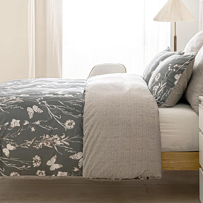Lekesky Grey Duvet Cover Set King Size, Reversible Vintage Print Comforter Cover King Size 3pc, Soft 100% Washed Microfiber Grey Bedding Sets with Zipper Ties and 2 Pillowcases