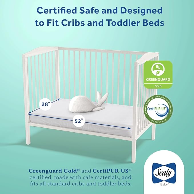Sealy Baby Butterfly Knit Breathable Crib Mattress, GREENGUARD GOLD Certified, Made in USA, Premium Foam, Washable Easy to Clean Cover, Toddler Bed Fit, Safety & Quality Tested, 52x28"