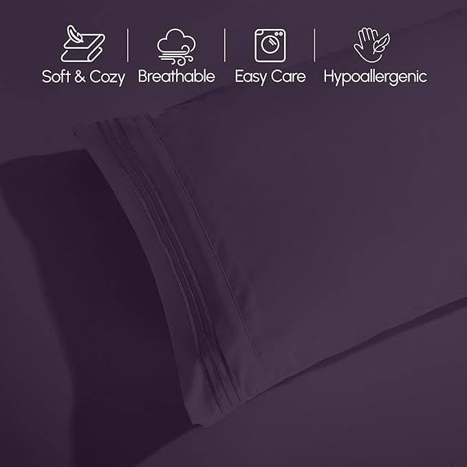 Elegant Comfort Luxurious 1500 Premium Hotel Quality Microfiber Three Line Embroidered Softest 4-Piece Bed Sheet Set, Wrinkle and Fade Resistant, Twin/Twin XL, Eggplant-Purple