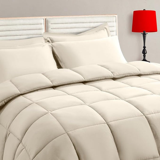 TAIMIT Light Beige King Comforter Set - 7 Pieces, Bed in a Bag Bedding Sets with All Season Soft Quilted Warm Fluffy Comforter,Flat Sheet,Fitted Sheet,2 Pillow Shams,2 Pillowcases