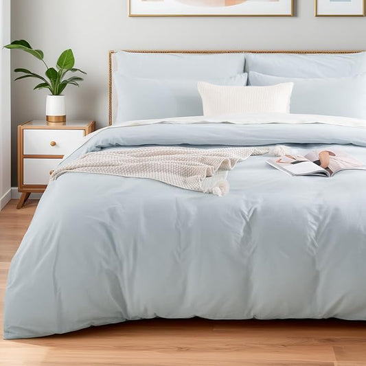 NEXHOME PRO Duvet Cover Set Twin Size Linen Look Textured Organic Natural 100% Washed Cotton Duvet Cover 2 Pieces Bedding Set with Zipper Closure, Breathable, Soft, Light Baby Blue (No Comforter)