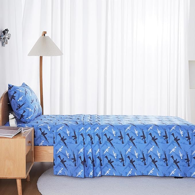 Kids Sheet Set Twin Size, Twin Sheet Set with Blue Camouflage Pattern，Breathable Silky Soft Microfiber Kids Fitted Sheet