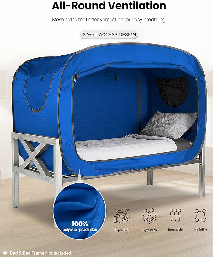 Bed Tent Full Bed Canopy Portable Dream Tent for Adult Indoor Sleeping Tents with 2 Doors Breathable Private Space Tents, Blue