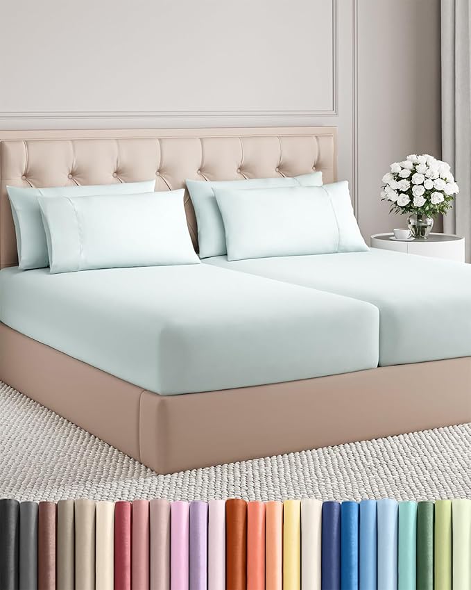 Split King 7 Piece Sheet Set - Comfy Breathable & Cooling - Soft Hotel Luxury Bedding Set with 8-16 Inch Deep Pockets - 1 Flat & 2 Fitted Sheet & 4 Pillowcases - Wrinkle Free & Easy Care - Ice Blue