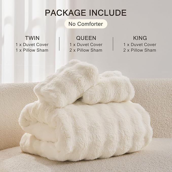 EMME Faux Fur Duvet Cover King Size, 3 Pieces Ultra Soft Fluffy Comforter Cover, Cozy Warm for Winter, Luxury Elegant Shaggy Bubble Design Bedding, 1 Duvet Cover & 2 Pillow Shams (King, Cream White)