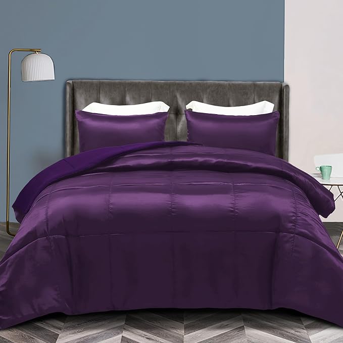Whale Flotilla 3-Piece Reversible Silky Soft King Size Comforter Bedding Set, Luxurious Satin Comforters Oversized with 2 Satin Pillowcases, Lightweight Duvet for All Seasons, Purple