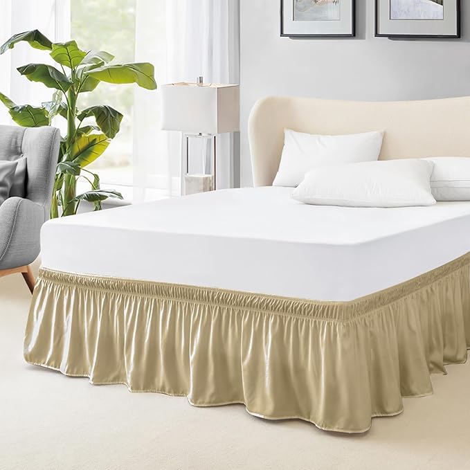 FreshCulture King Bed Skirt, Dust Ruffle for King Size Bed, Easy Fit with 15-Inch Tailored Drop, Elastic Wrap Around Bed Skirt King Size, Hotel Quality Bed Skirts for Adjustable Bed (Beige)