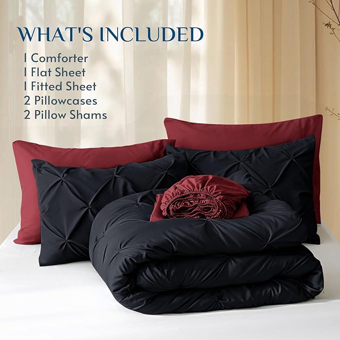 JOLLYVOGUE Full Size Comforter Sets 7 Pieces - Bed in a Bag Full for All Season, Pintuck Bedding Comforter Sets with Comforter, Flat Sheet, Fitted Sheet and Pillowcases & Shams, Black & Burgundy