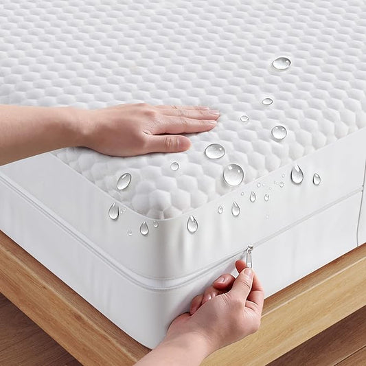 OhGeni 100% Waterproof Zippered Mattress Protector,Queen Size Mattress Encasement,Pet Hair & Bedwetting Resistant,Cooling Breathable Fitted Sheets,Non-Slip Deep Pocket,Washable Noiseless for Bedroom