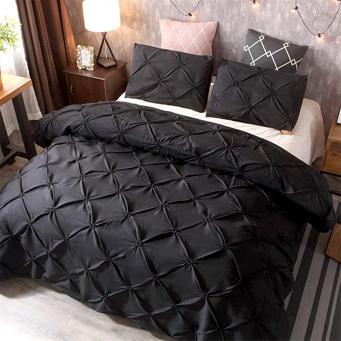 Feelyou Pinch Pleated Duvet Cover with Zipper Closure Pintuck Comforter Cover Set Twin Size Luxurious Pintuck Tufted Bedding Set Solid Black Microfiber Bedspread Cover with 1 Pillow Shams Soft