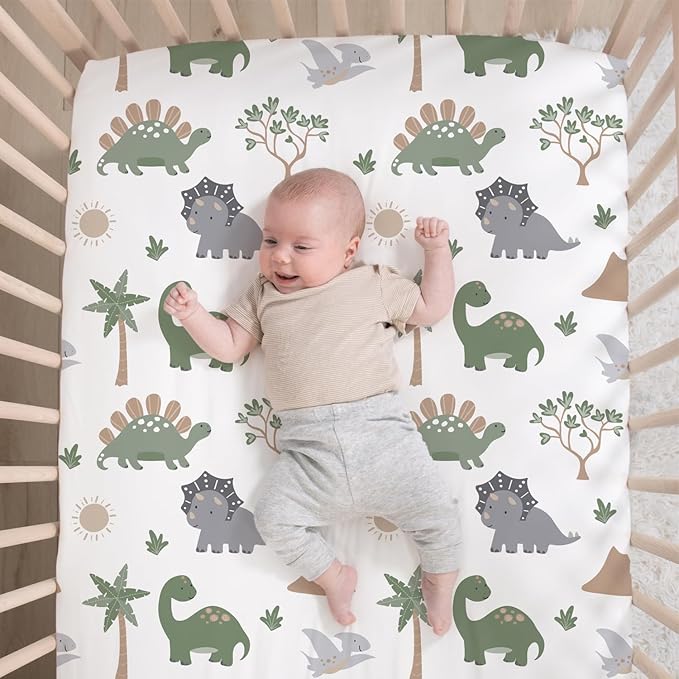The Peanutshell 3 Piece Baby Crib Bedding Set for Boys - Newborn, Infant & Toddler Nursery Bed Set Decor with Fitted Crib Sheet, Dust Ruffle Comforter - Dinosaur Dreams