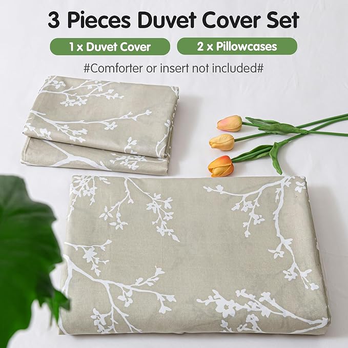 Lekesky Queen Size Duvet Cover Set, Reversible Duvet Cover Queen with Branch Pattern, Lightweight Soft Microfiber Comforter Cover, 3 Pieces Khaki Bedding Set with Zipper and 2 Pillowcases