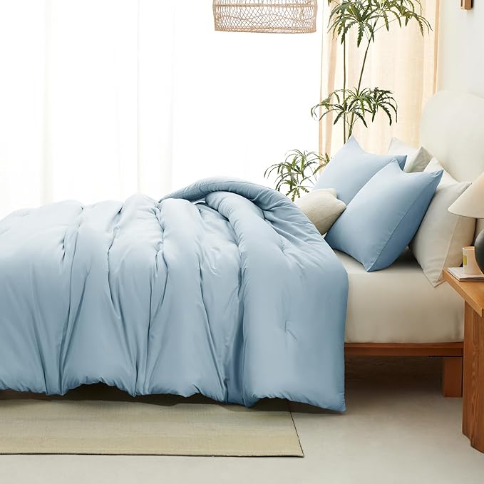 CozyLux Full Size Comforter Set Light Blue, 3 Pieces Solid Breathable Quilted Style Bedding Sets, Luxury Soft Bed Set with Down Alternative Comforter for All Season (1 Comforter & 2 Pillowcases)