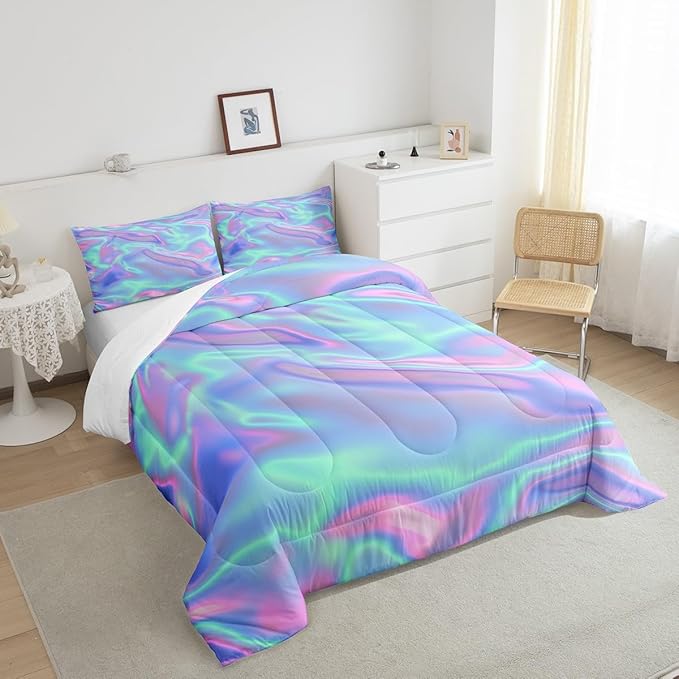 Ombre Tie Dye Bedding Set King, Psychedelic Gradient Comforter, Girls Dreamy Rainbow Bedding, Princess Green Purple Quilted Duvet Bedroom Decor, Girly Colorful Print Bedding Sets & Collections, 3Pcs