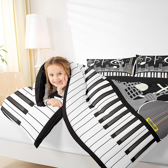 Erosebridal Paino Keys Bedding Set Full Size Musical Notes Comforter Set Guitar Rock Music Bedding Comforter for Kids Boys Teens Men Retro Black White Grey Quilt Duvet Bedroom Decor 3 Piece