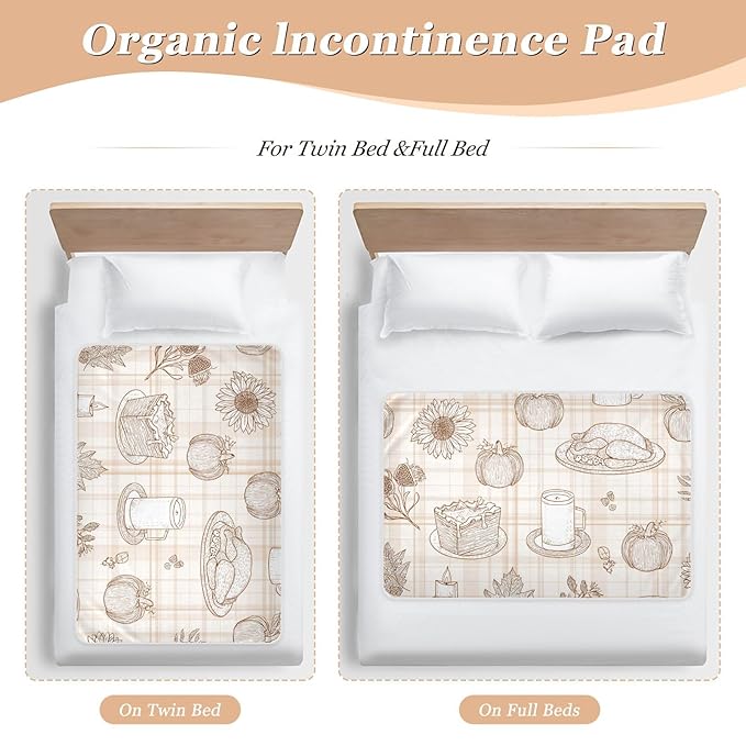 Waterproof Bed Pad Reusable Changing Pad Toddler Mattress Protector Large Pee Pad Baby Diaper Pad Soft Washable Liner Beige Line Art Pie Thanksgiving