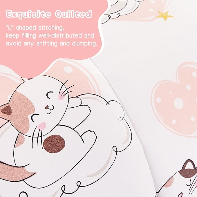 Yibeizi Cat Kids Comforter Set for Girls Twin, Cute Quilted Pink Heart Printed Bedding Set with Pillow Sham, Lightweight Soft Breathable Machine Washable Bed Set 2 Piece