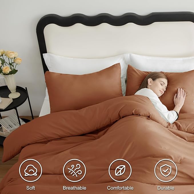 CozyLux Queen Comforter Set Pumpkin, 3 Pieces Solid Queen Comforter Breathable Quilted Bedding Sets, Luxury Soft Bed Set with Down Alternative Comforter for All Season (1 Comforter & 2 Pillowcases)