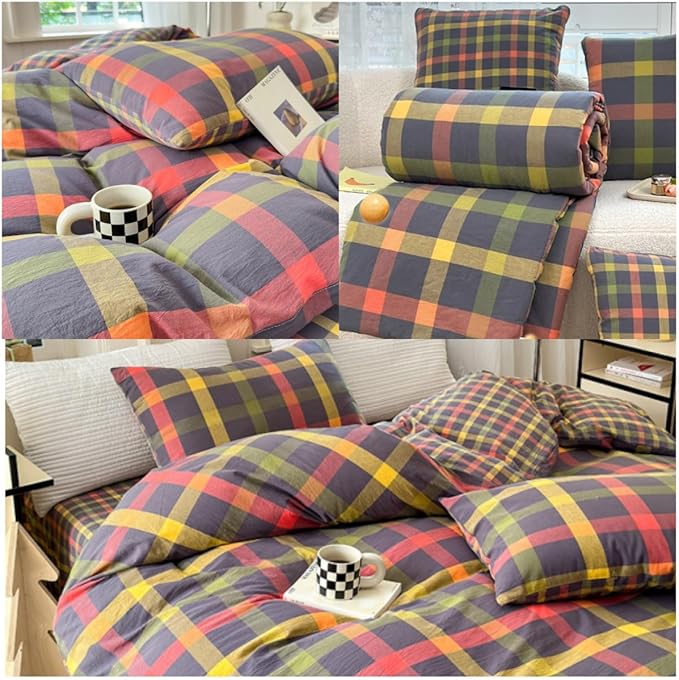 LifeTB Twin XL Comforter Set Modern Style Plaid Checkered Pattern Comforter with 2 Pillowcases Gingham Bedding Comforter Set Multicolor Grid Bed Comforter Fluffy Lightweight Bedding Set Twin XL