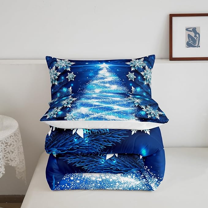 Feelyou Blue Christmas Comforter Set Queen Size Christmas Tree Bedding Set Glitter Snowflake Comforter Microfiber Kids Adults Holiday Winter Duvet Quilt Xmas Room Decor