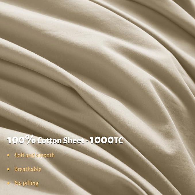 Shilucheng 100% Egyptian Cotton Queen Size Sheets Set - 1000 Thread Count，Luxury Cotton Bed Sheets，Breathable & Cooling Bedding and Pillow Cases, 16 Inch Deep Pocket - 6 Piece (Linen, Queen)