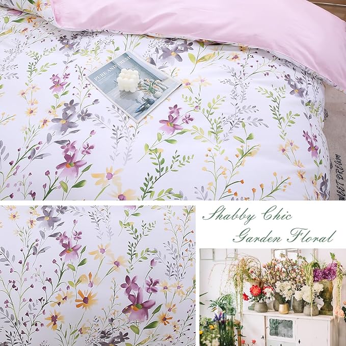 URBONUR Floral Duvet Cover Set Twin Size 3-Pieces Egyptian Cotton Percale Weave Garden Chic Flowers Comforter Bedding Set, Soft and Breathable Duvet Covers with Button Closure