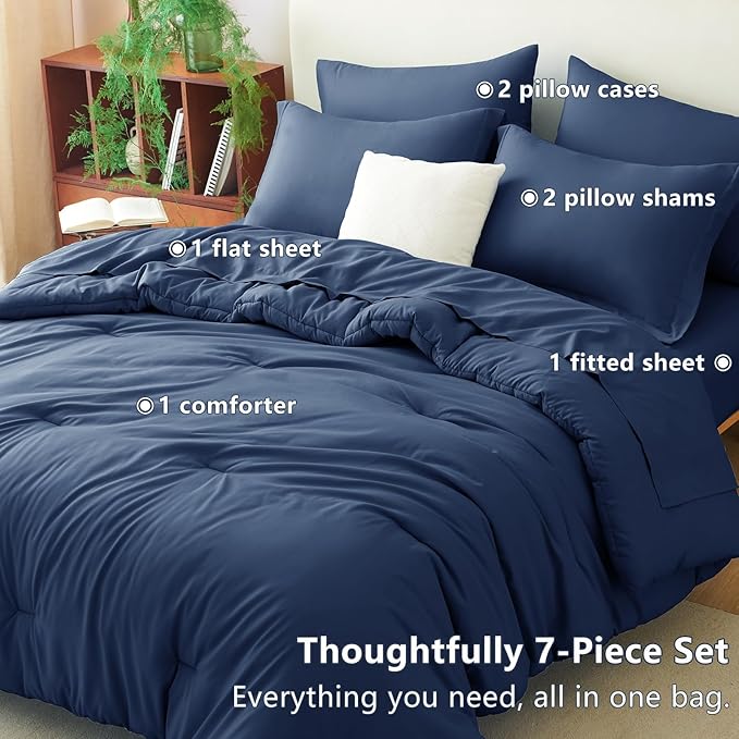 CozyLux Full Comforter Set Navy Blue, 7 Pieces Bed in a Bag, Bedding Comforter Set with Sheets, All Season Boho 7PC Bed Sets with Comforter, Fitted Sheets, Flat Sheets, Pillow Shams and Pillowcases