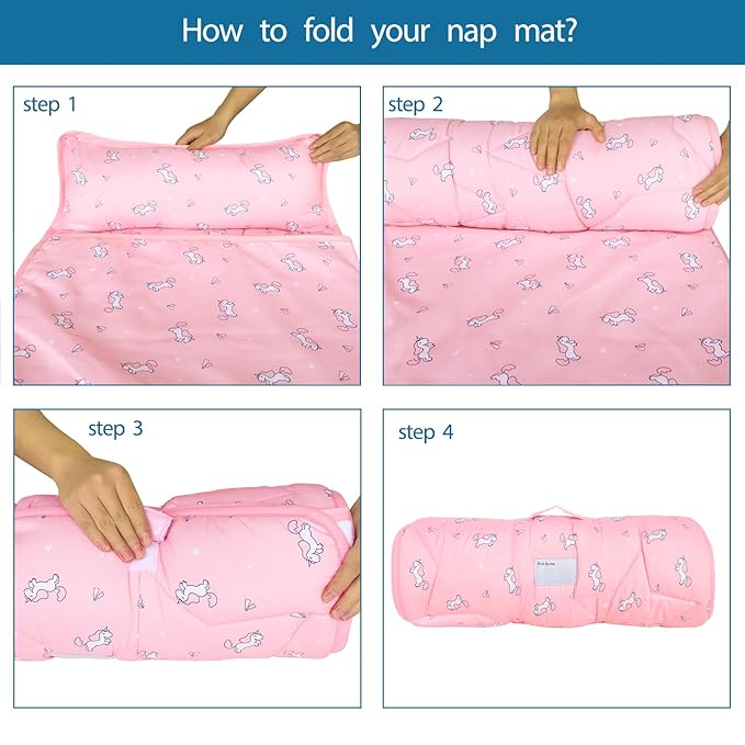 Toddler Nap Mat with Blanket 50" x 21" x 1.5", Nap Mat for Boys Girls Super Soft and Cozy, Kids Sleeping Bag for Preschool, Daycare, Toddler Sleeping Bag, Pink Horse
