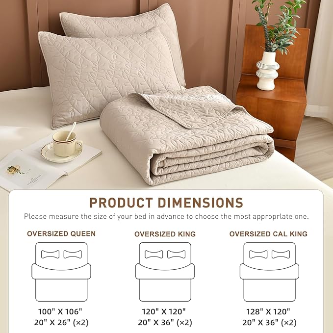 Lady Ann Oversized King Bedspreads 128x120, Extra Large 3 Pieces Leaves Print Summer Oversized Quilts Coverlet for King Bed Linen Feel Ultra Soft Lightweight and Thin Bedspreads & Coverlets Bed Set