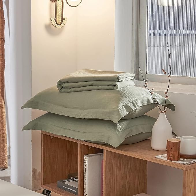 Simple&Opulence 100% Linen Duvet Cover Set, 3 PCS Natural French Flax Sage Green Duvet Cover King Size, Breathable Soft Comfy Linen Bedding Comforter Cover with 2 Pillowcases(Sage Green, 104"x92")