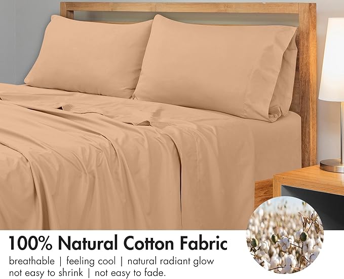 Royale Linens 300 Thread Count 100% Long Staple Combed Cotton Flat Sheet - Super Soft - Top Sheets - Full Flat Sheet Sold Separately - Breathable, Cool & Crisp Percale Sheets Only (Full, Sand)