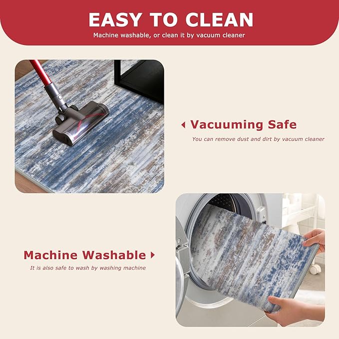 KOZYFLY Modern Abstract Washable Rug Runner 2.6x10 Hallway Rug Runner Non-Slip Soft Kitchen Runner Rugs, Blue Rust Striped Carpet for Entryway Bathroom Laundry Room Foyer