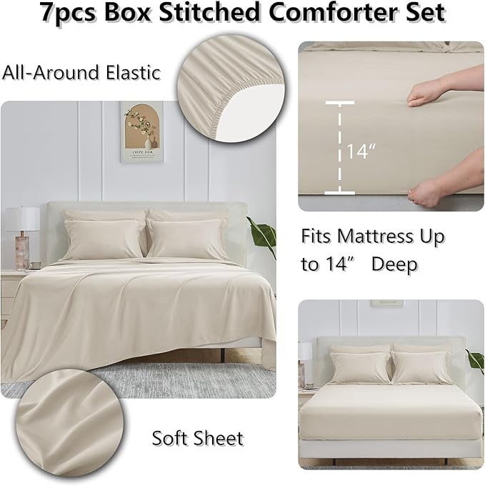 CozyLux California King Comforter Set Beige - 7 Pieces California King Bed in a Bag Set, All Season Soft Bedding Sets with Comforter, Flat Sheet, Fitted Sheet, Pillowcases & Pillow Shams