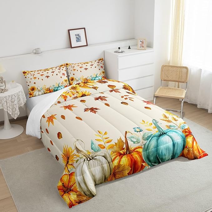 Fall Pumpkin Bedding Set For Home King Thanksgiving Harvest Season Fruit Decor Comforter Set Autumn Fall Maple Leaf Quilt Comforter for Kids Teen Adults,Rustic Farm Sunflower Bed Sets 2 Pillow Cases