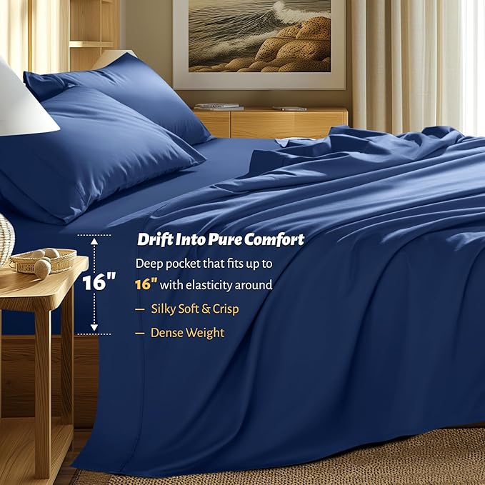 Shilucheng 100% Egyptian Cotton Queen Size Sheets Set - 1000 Thread Count，Luxury Cotton Bed Sheets，Breathable & Cooling Bedding and Pillow Cases, 16 Inch Deep Pocket - 4 Piece (Navy Blue, Queen)