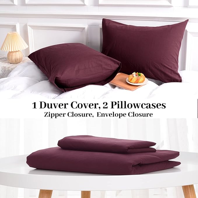 NEXHOME PRO Duvet Cover Set 100% Washed Cotton Kids Twin XL 66"x92", Organic Natural Linen Like Textured 2 Pieces Bedding Set Burgundy Dark Red with Zipper Closure, Breathable (No Comforter)