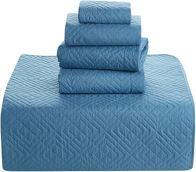 Hearth & Harbor Quilts Queen Size - All Season Bedspread Coverlet Set, Pinsonic Weave Lightweight Bedding Set - 7 Piece Queen Quilt Set with Pillow Shams, Diamond - Blue Heaven