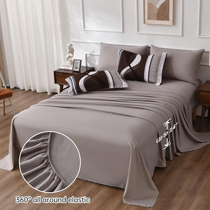 Anibedding Striped Comforter Set King Size,8 Pieces Bed in a Bag Beige and Brown Patchwork Bedding Sets,Boho Soft Microfiber Bedding Set for All Season(104"×90")