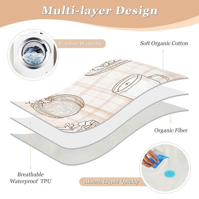 Waterproof Bed Pad Reusable Changing Pad Toddler Mattress Protector Large Pee Pad Baby Diaper Pad Soft Washable Liner Beige Line Art Pie Thanksgiving