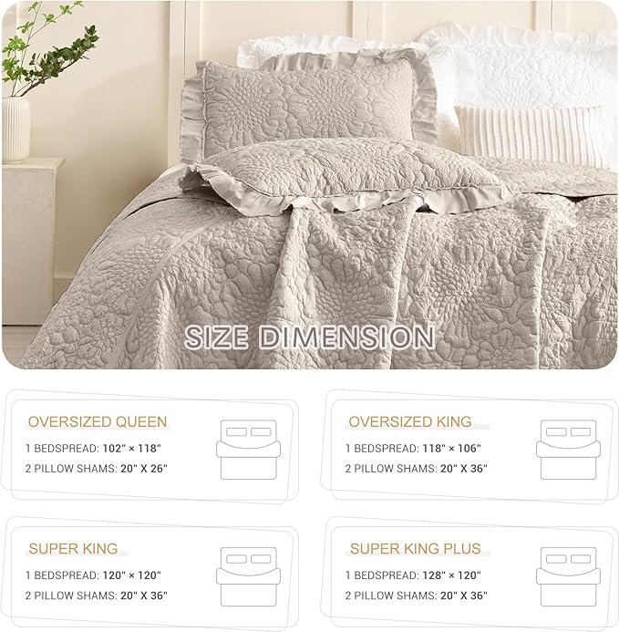 Lady Ann Oversized Bedspread Set 128x120, Extra Large Linen Feel Stone-Washed Ruffled Quilt Set Crinkled Blanket, Lightweight Shabby Quilted Bedspreads &Coverlets 3 PCS Farmhouse Rustic Bedding Sets