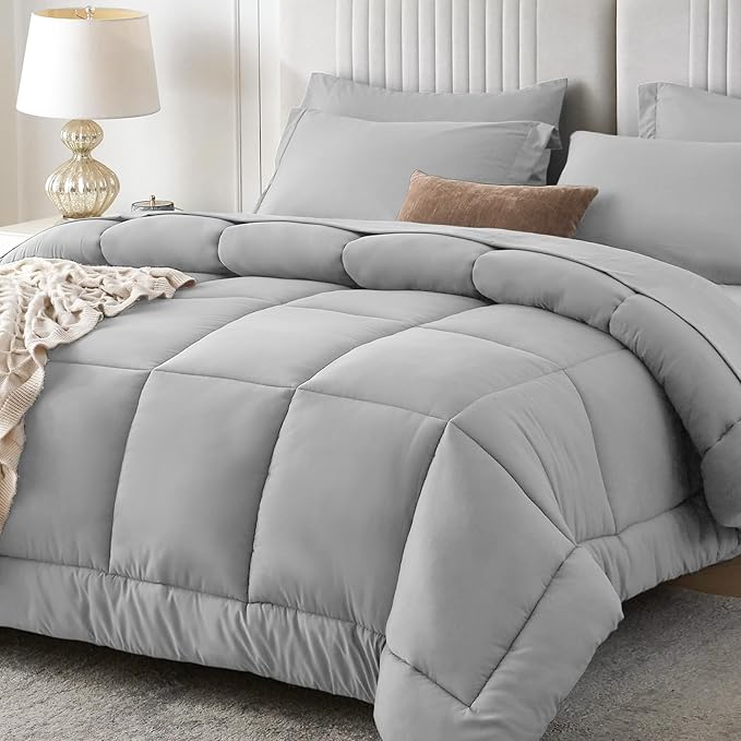 Sasttie King Size Comforter Set, 7 Pieces Bed in a Bag King, Complete Bedding Set Includes Comforter, Flat Sheet, Fitted Sheet, Pillowcases and Pillow Shams, Light Grey